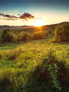 Preview wallpaper hill, slope, rays, grass, sun