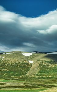 Preview wallpaper hill, snow, greenery, clouds, landscape