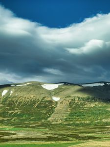 Preview wallpaper hill, snow, greenery, clouds, landscape
