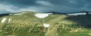 Preview wallpaper hill, snow, greenery, clouds, landscape