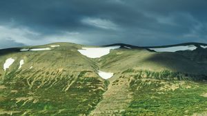 Preview wallpaper hill, snow, greenery, clouds, landscape