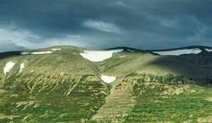 Preview wallpaper hill, snow, greenery, clouds, landscape