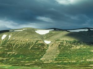 Preview wallpaper hill, snow, greenery, clouds, landscape