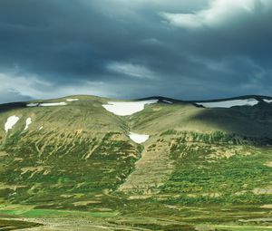 Preview wallpaper hill, snow, greenery, clouds, landscape