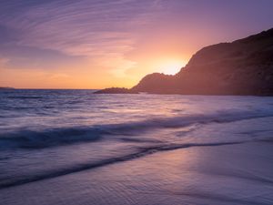 Preview wallpaper hill, sun, sunset, coast, sea