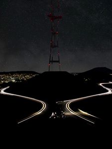 Preview wallpaper hill, tower, night, lights, road, dark