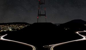 Preview wallpaper hill, tower, night, lights, road, dark