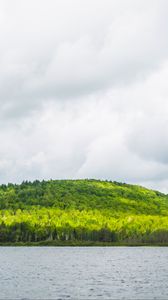 Preview wallpaper hill, trees, forest, river, sky, clouds