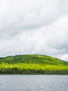 Preview wallpaper hill, trees, forest, river, sky, clouds