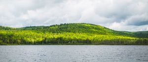 Preview wallpaper hill, trees, forest, river, sky, clouds