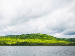 Preview wallpaper hill, trees, forest, river, sky, clouds