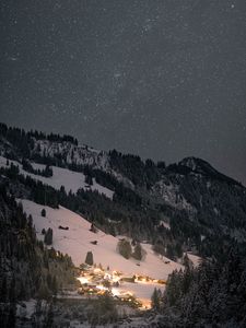 Preview wallpaper hill, trees, forest, village, snow, winter