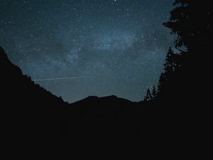 Preview wallpaper hill, trees, starry sky, night, dark