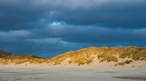 Preview wallpaper hills, beach, clouds, sky, dark, landscape