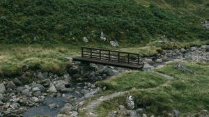 Preview wallpaper hills, bridge, stream, stones, grass