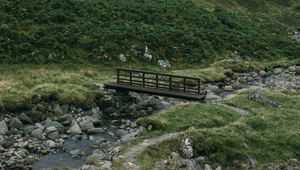 Preview wallpaper hills, bridge, stream, stones, grass