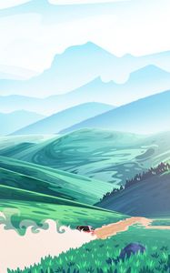 Preview wallpaper hills, car, road, dust, art