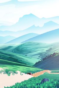 Preview wallpaper hills, car, road, dust, art