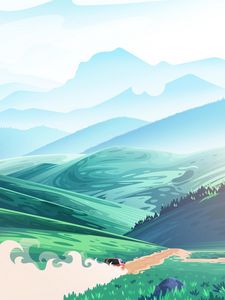 Preview wallpaper hills, car, road, dust, art
