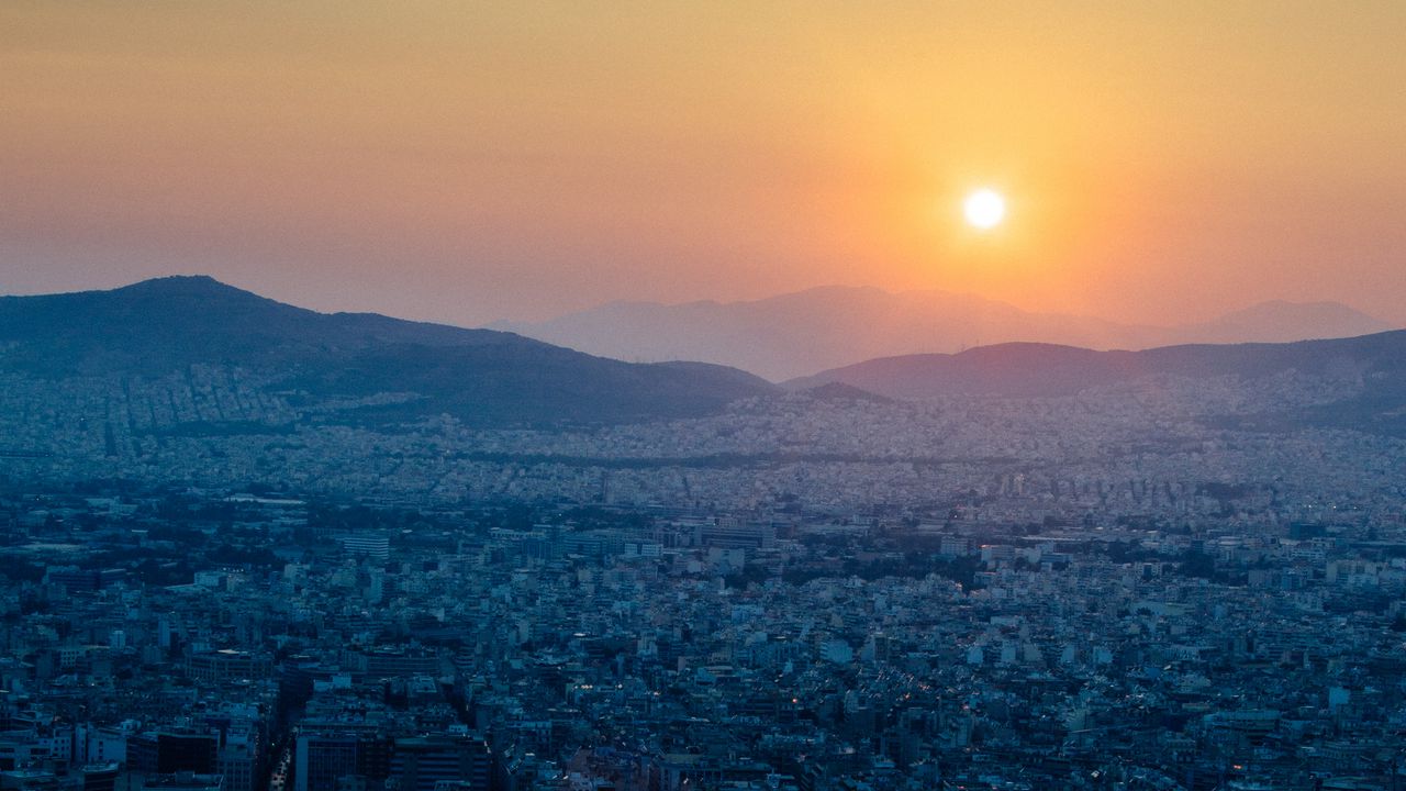 Wallpaper hills, city, aerial view, sunrise