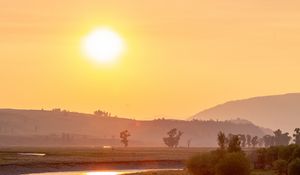 Preview wallpaper hills, creek, flowers, field, nature, sunrise