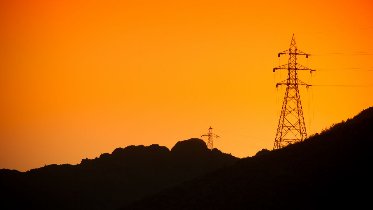 Wallpaper hills, electric poles, dusk, sunset, orange