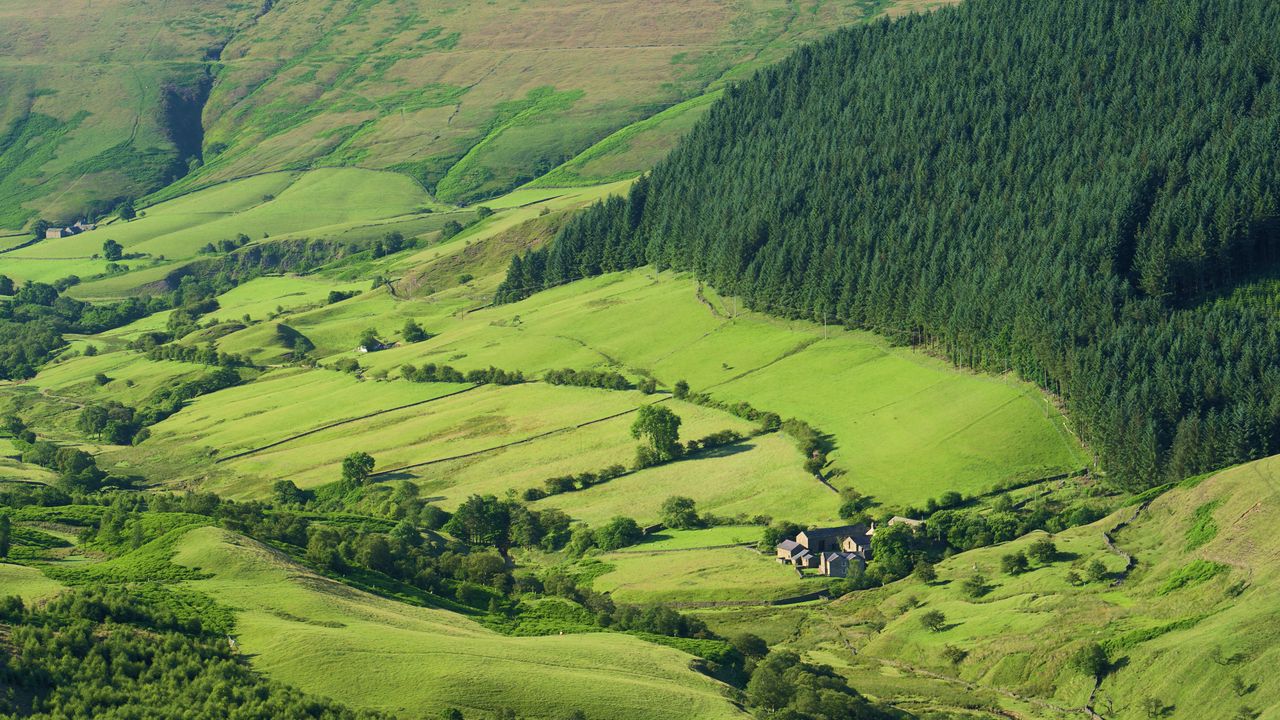 Wallpaper hills, field, houses, landscape, aerial view