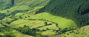 Preview wallpaper hills, field, houses, landscape, aerial view