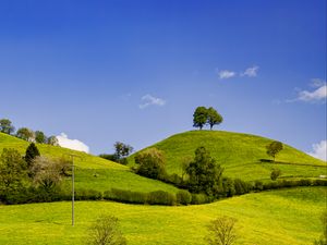Preview wallpaper hills, field, trees, clouds, landscape