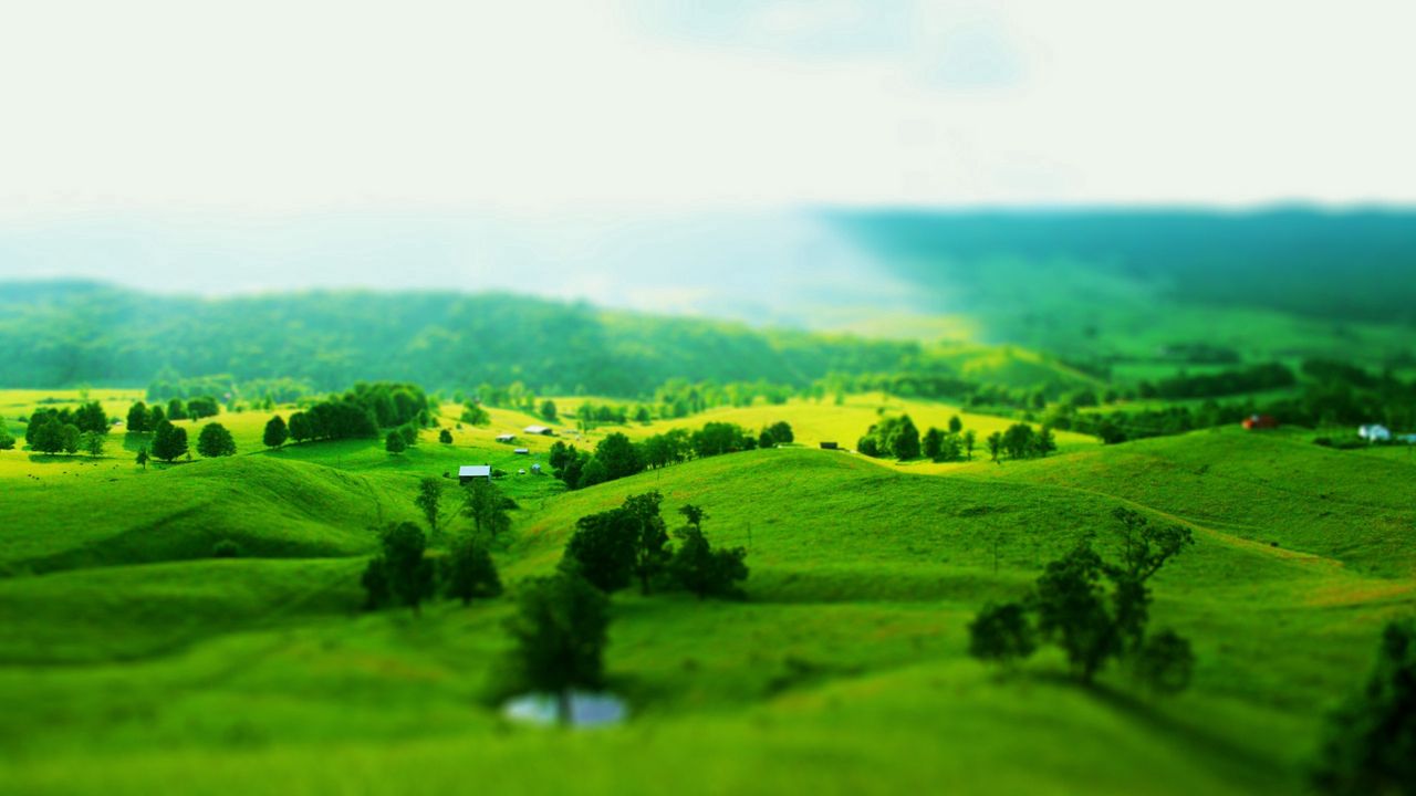 Wallpaper hills, fields, slopes, trees, greens, landscape, optical illusion