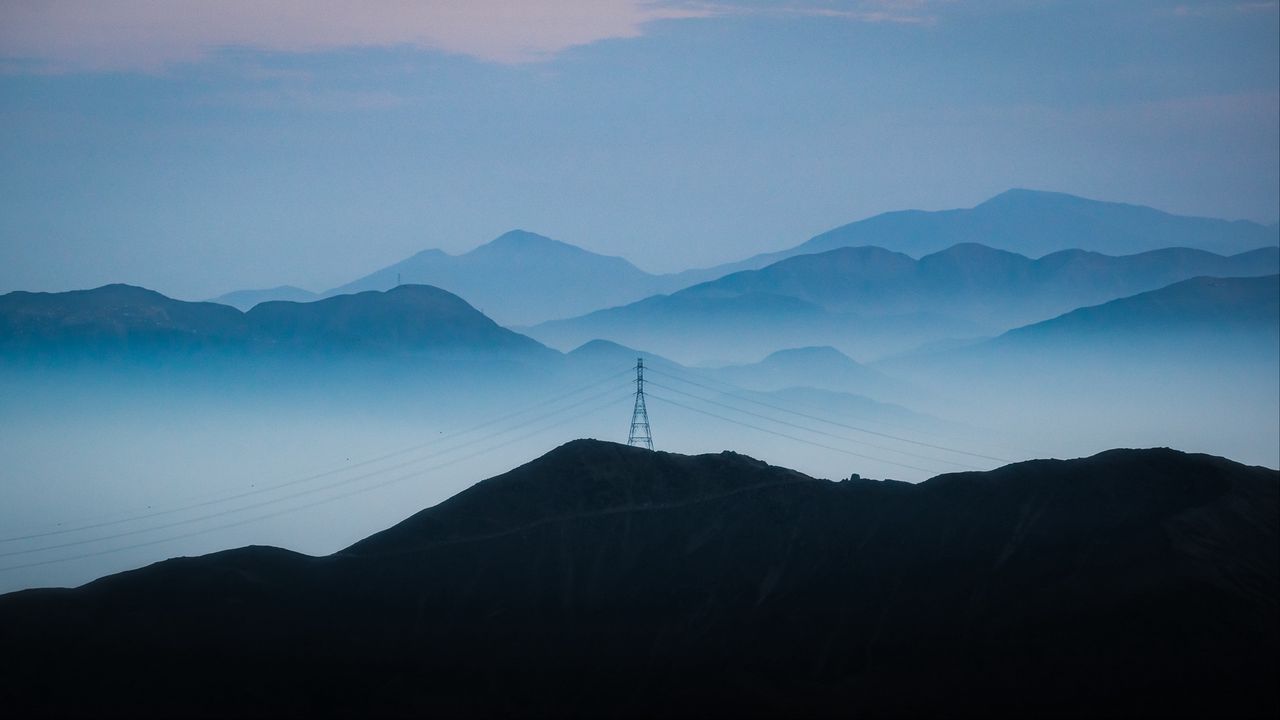 Wallpaper hills, fog, distance, wires