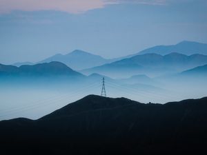 Preview wallpaper hills, fog, distance, wires