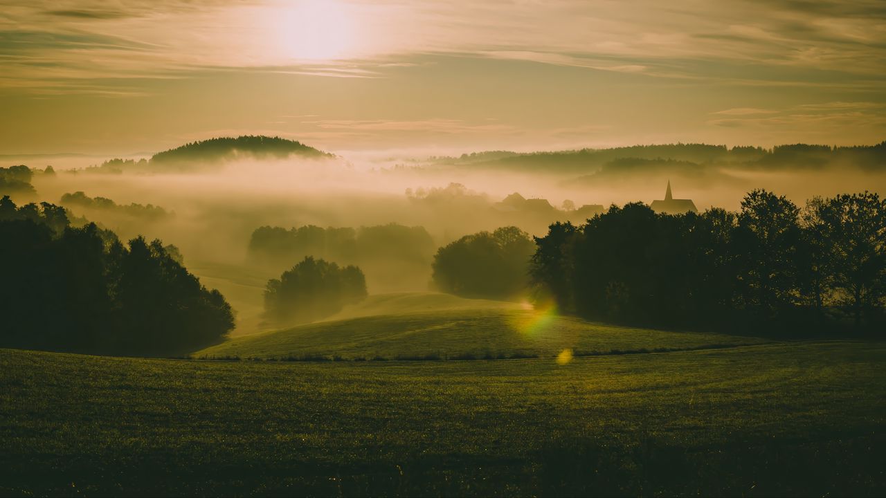 Wallpaper hills, fog, meadow, trees, landscape, nature