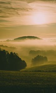 Preview wallpaper hills, fog, meadow, trees, landscape, nature