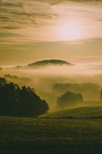 Preview wallpaper hills, fog, meadow, trees, landscape, nature