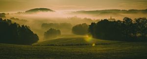 Preview wallpaper hills, fog, meadow, trees, landscape, nature