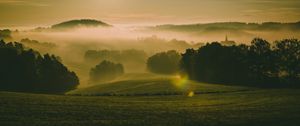 Preview wallpaper hills, fog, meadow, trees, landscape, nature