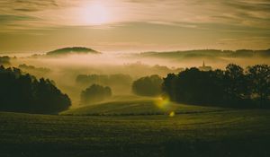 Preview wallpaper hills, fog, meadow, trees, landscape, nature