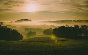 Preview wallpaper hills, fog, meadow, trees, landscape, nature