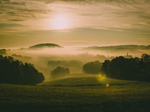 Preview wallpaper hills, fog, meadow, trees, landscape, nature