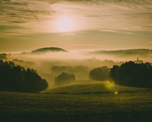 Preview wallpaper hills, fog, meadow, trees, landscape, nature