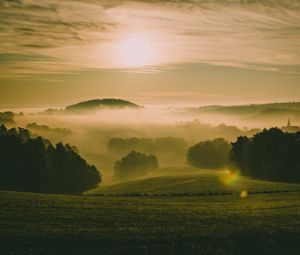 Preview wallpaper hills, fog, meadow, trees, landscape, nature