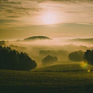 Preview wallpaper hills, fog, meadow, trees, landscape, nature