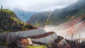 Preview wallpaper hills, fog, mountains, cable car, nature