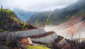 Preview wallpaper hills, fog, mountains, cable car, nature