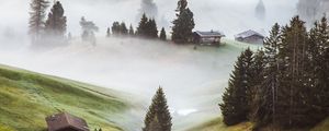 Preview wallpaper hills, fog, trees, buildings, slope