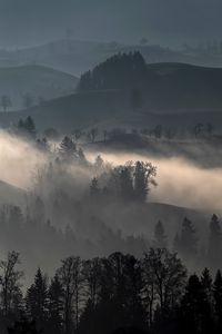 Preview wallpaper hills, fog, trees, landscape, nature