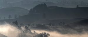 Preview wallpaper hills, fog, trees, landscape, nature