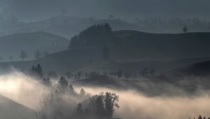 Preview wallpaper hills, fog, trees, landscape, nature