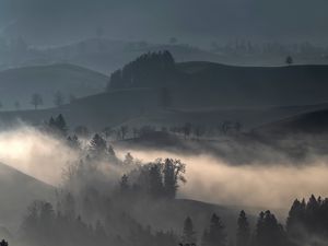 Preview wallpaper hills, fog, trees, landscape, nature